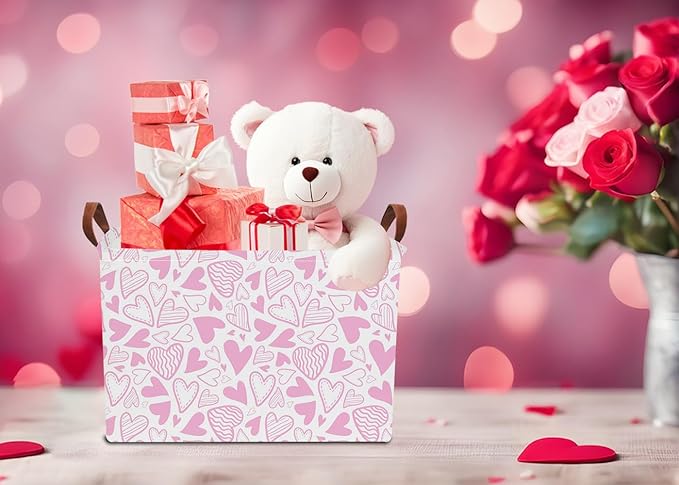 Rectangular Pink Basket Empty, Fabric Storage Basket with Handles, Books Box,Lovely Storage Bin,Room Decor,Gift Basket for Girls(Pink Heart)