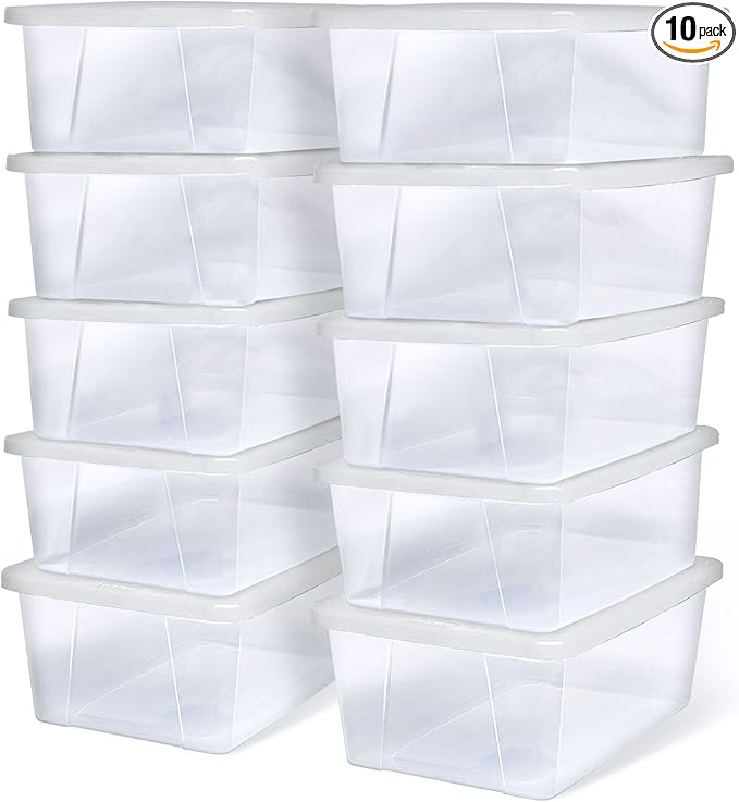 HOMZ 10-Pack Snaplock, Small Clear Plastic Storage Organizer Bins w/ Lids, 6 Quart, White - Stackable Container Boxes for Bedroom, Bathroom, Garage, and Office Organization