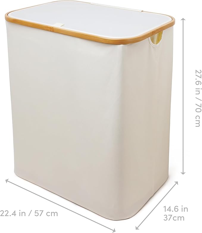 QUALIAZERO 120L Dual Laundry Hamper with Lid – 2-Section Bamboo Frame Hamper with Removable Bags & Easy-Lift Cover, Large Capacity for Families, Bathroom or Bedroom (FEATHER CREAM, DUAL)