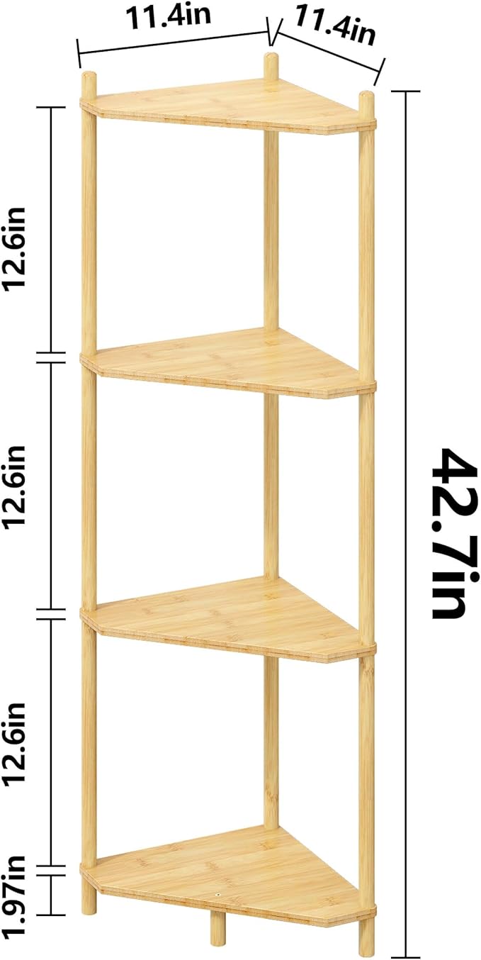 Corner Shelf Stand - 4 Tier Bamboo Small Corner Bookshelf for Office Kitchen Bedroom Plant Stand Living Room Decor Small Space (Natural, 4 Tier)