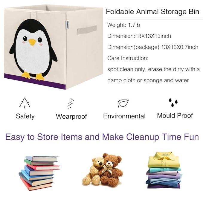 CLCROBD Foldable Animal Cube Storage Bins Fabric Toy Box/Chest/Organizer for Kids Nursery, 13 inch (Penguin)