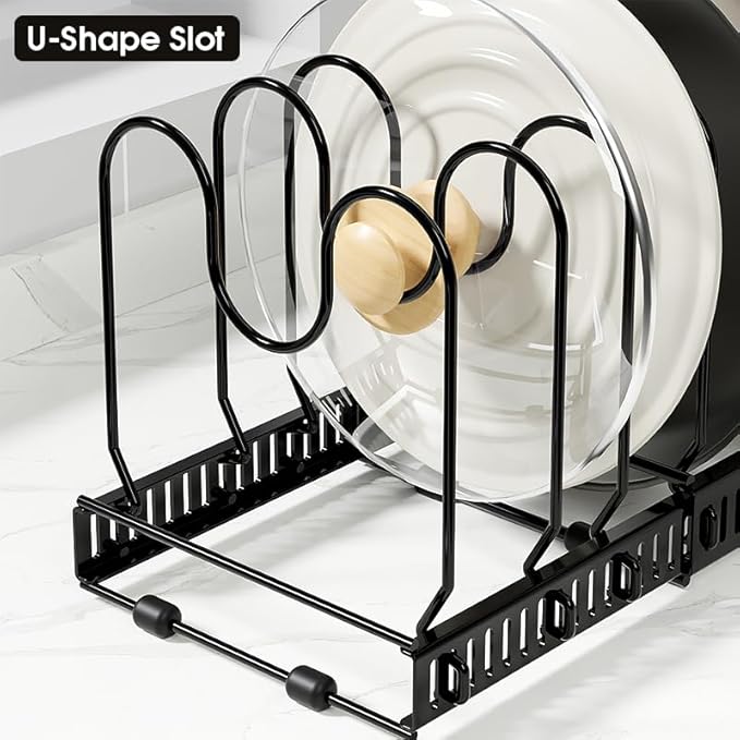 Expandable Pots and Pans Organizer Rack, Pot Lids Cutting Boards Kitchen Cabinet Organizer with 7 Adjustable Compartments, Cookware Bakeware Rack for Kitchen Cabinet Countertop Storage(Black)