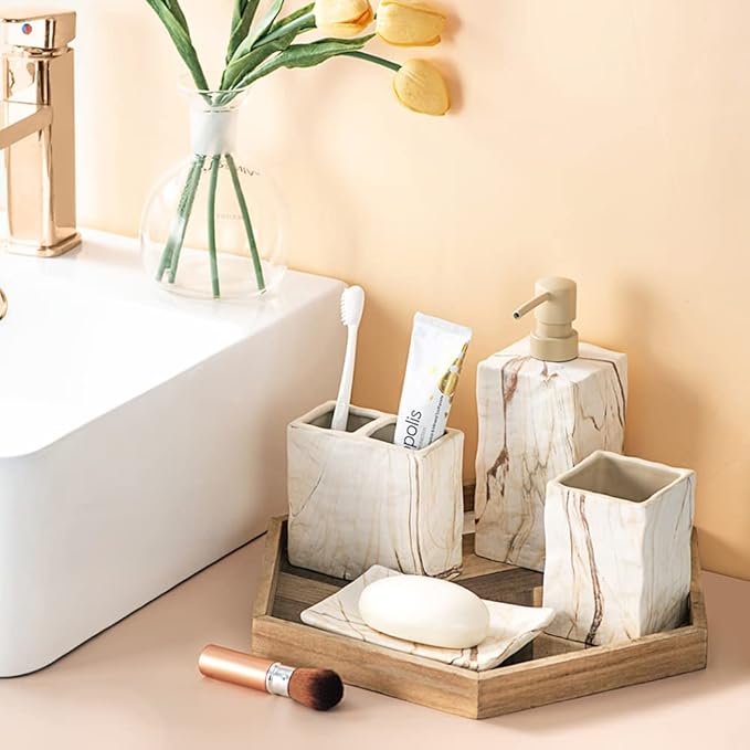 Bathroom Accessories Set 4 Pieces Toothbrush Holder Soap Dispenser Ceramic Bathroom Decor Set Contain Toothbrush Cup Soap Dish Tumbler Marble Brown