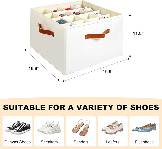 Fabric Shoe Organizer for Closet, Foldable Shoe Storage Bins with Clear Cover, Shoe Container with Adjustable Dividers, Fits up to 16 Pairs, White