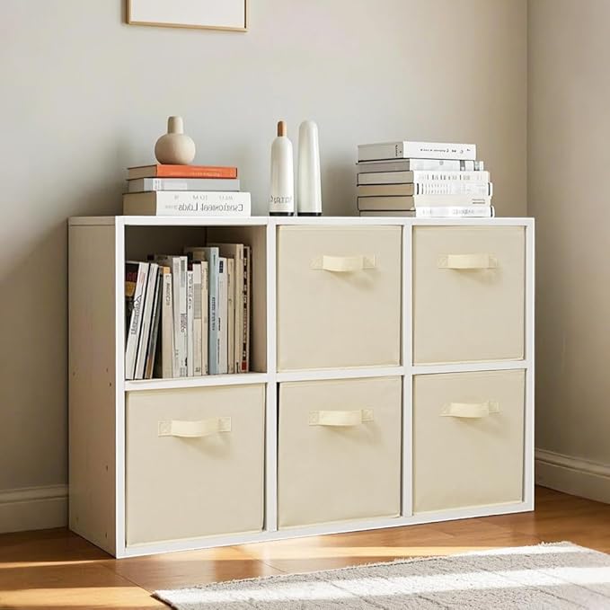 Easi 11 inch Cube Storage Bins, 5 Storage Cube Organizer, Collapsible Fabric storage cubes with Handles, Closet Storage Basket For Organization, Shelf Basket For Shelves Clothes Books, Beige