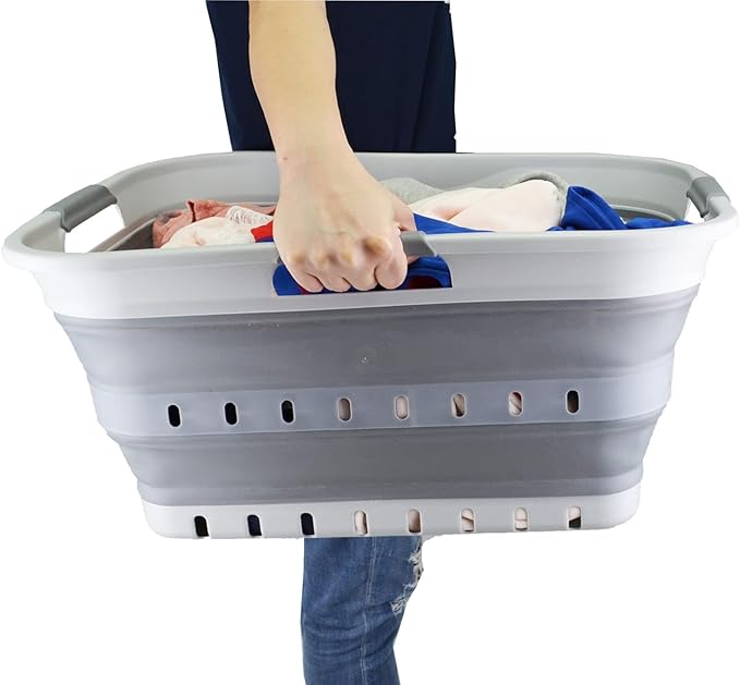 SAMMART 42 (11 Gallons) Collapsible Plastic Laundry Basket, Foldable Pop Up Storage Container/Organizer, Space Saving Hamper, Portable Bin for Dorm Room Bathroom (2, Grey)