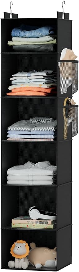 VERONLY Hanging Closet Organizer and Storage with Bamboo Support, 6-Shelf Closet Hanging Storage Shelves, Closet Organizers Easy Mount Foldable for Bedroom(Black)