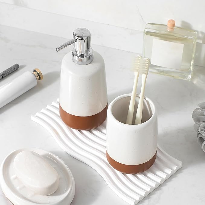MALACASA Ceramic Bathroom Accessories Sets, 4 PCS,Soap Dispenser, Toothbrush Holder, Toothbrush Cup and Soap Dish, Durable Bathroom Sink Set for Modern Home Decor,Gift Set, Khaki White