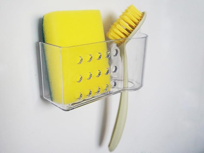AMUONTY Sponge Holder for Kitchen Sink Suction,Plastic Sink Brush Sponge Caddy Sink Organizer-(5.7" x 2.4" x 3.1"),Clear