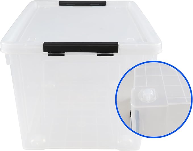 Drephia 4 Pack 50 L Large Clear Latch Storage Bin with Lid and Wheels, Plastic Storage Container Box