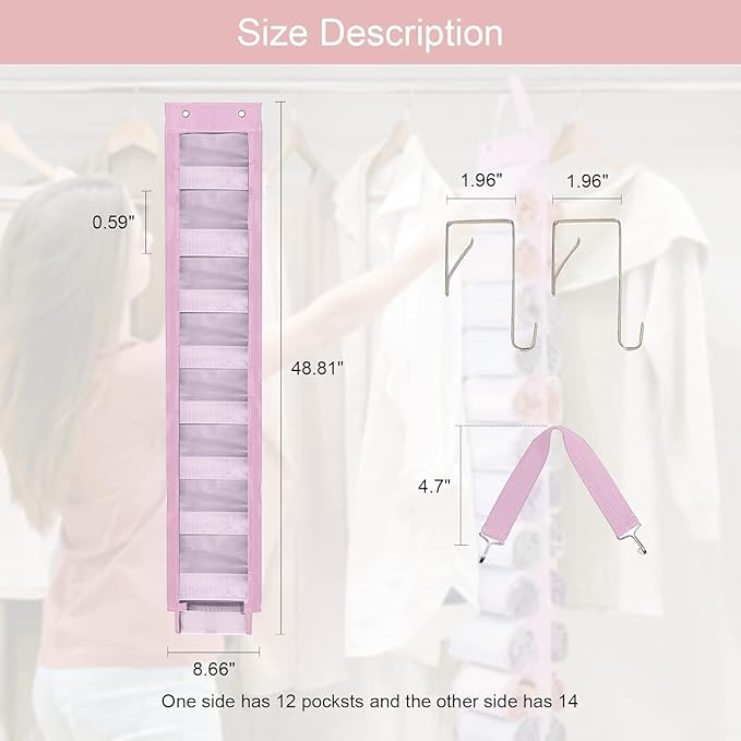 Legging Organizer Storage, 2PCS T Shirt Organizer, Foldable Hanging Closet Organizer Storage with 26 Roll Independent Compartments for Yoga Pants, Tank Top, Towel, Underwear (Pink)