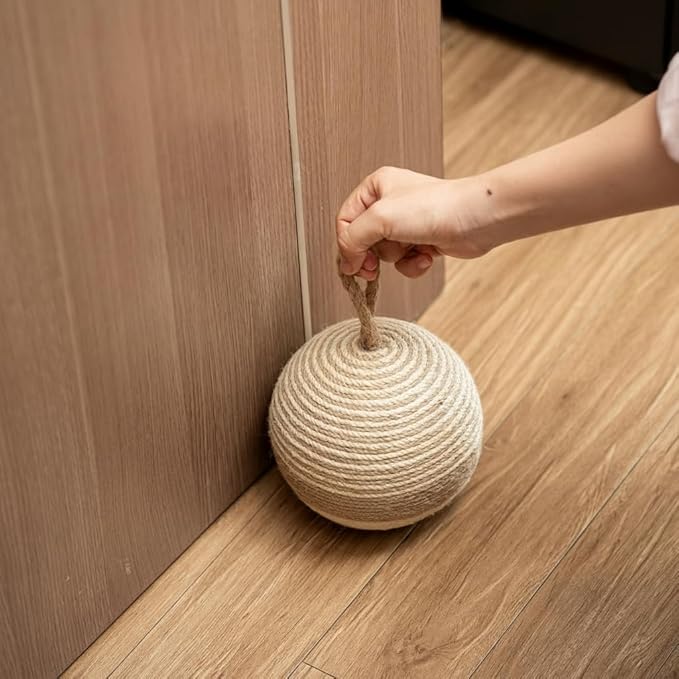 PEMAR Natural Wicker Door Stopper with Handle, Rustic Farmhouse Decorative Door Stop, Heavy Indoor Doorstop, Nautical Blocker Jammer 6.3''D Sphere Ball Shape (Jute)