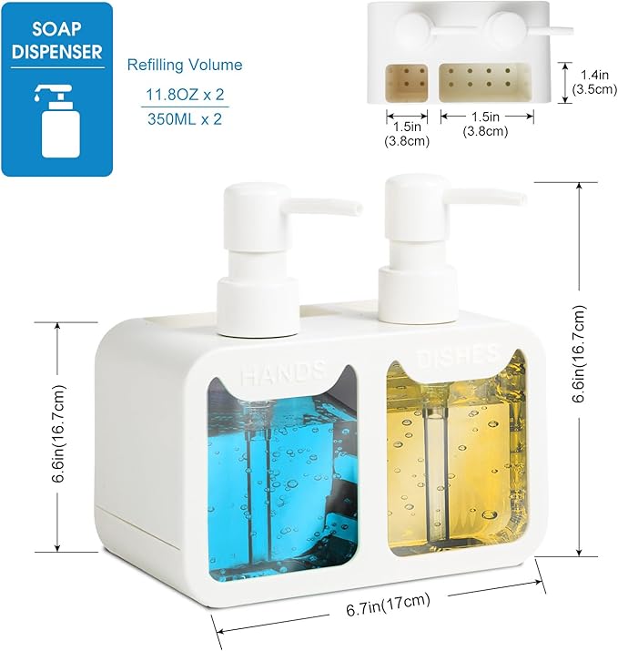 Kitchen Soap Dispenser Set, with Hand and Dish Soap, Sponge Caddy and Brush Holder 4-in-1 Kitchen Dual Soap Dispenser Set for Kitchen Sink, Bathroom - White