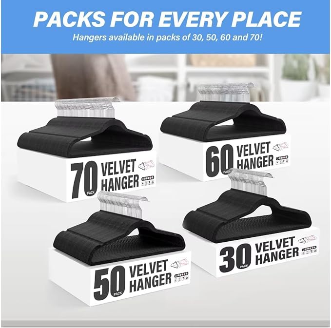 YSSOA Heavy Duty Velvet Hangers 50 Pack, 360° Swivel Hooks, Non-Slip Clothes Hangers with Shoulder Notches, Black
