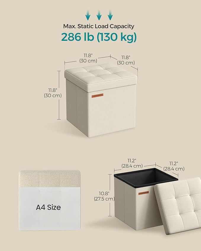 SONGMICS Storage Ottoman, Foldable Small Ottoman Foot Rest, 11.8 Inches Foot Stool, Cube Ottoman with Storage, Load up to 286 lb, for Living Room, Bedroom, Dorm, Cream White ULSF028W01