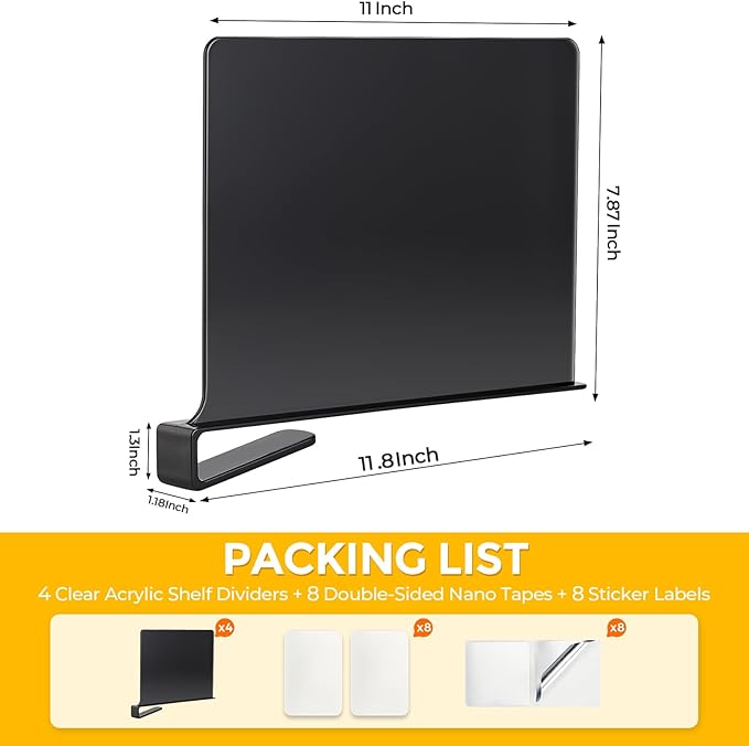 JOY DECOR 12 Pack Acrylic Matte Black Shelf Dividers for Closets Organizer and Storage Adjustable Vertical Wood Shelf Closet Separators for Clothes,Book,Bags in Bedroom and Kitchen