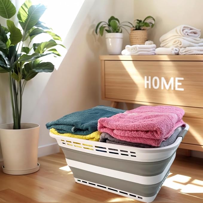 SAMMART 42L (11 Galloons) Collapsible Plastic Laundry Basket - Foldable Pop Up Storage Container/Organizer - Portable Washing Tub - Space Saving Hamper/Basket [BPA Free] (White/Grey (Set of 2))