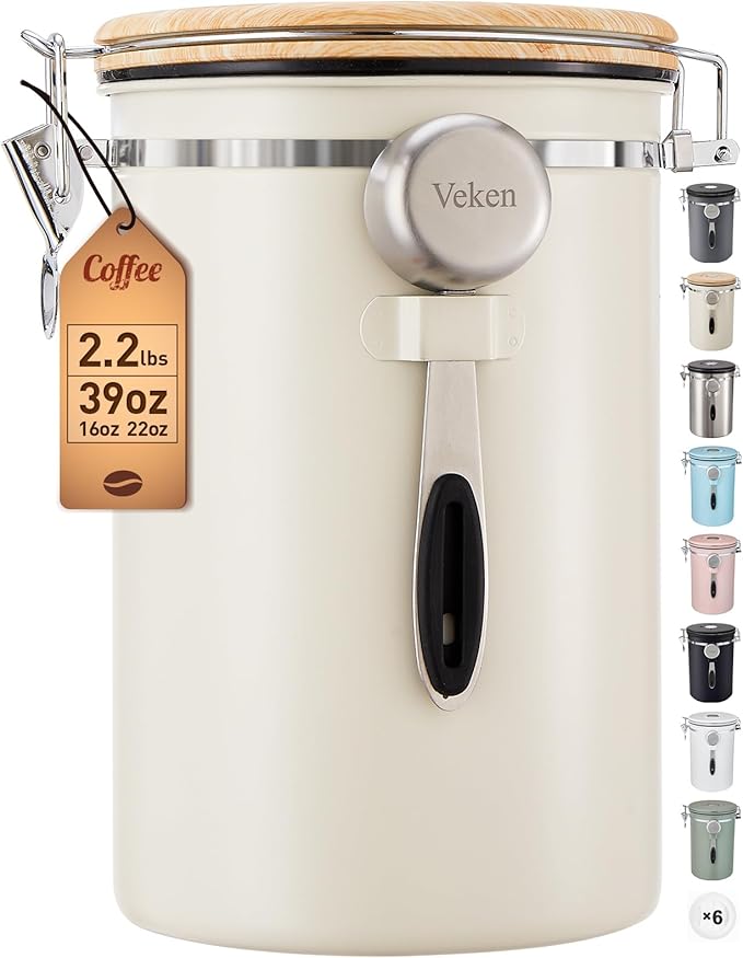 Veken Coffee Canister, 39OZ Large, Airtight Stainless Steel Food Storage Container for 2.2lbs Coffee Beans, Ground, Sugar, Tea, Flour, Cereal, Kitchen Bar Accessories with Date Tracker & Scoop, Cream
