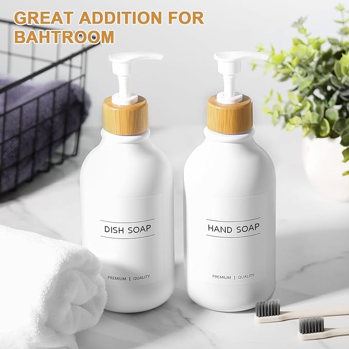 White Soap Dispenser, 2 Pack Plastic Bathroom Hand Soap and Lotion Dispenser Set with Bamboo Pump, 17 Fl Oz Hand and Dish Soap Dispensers Set for Kitchen, Refillable Liquid Soap Bottles