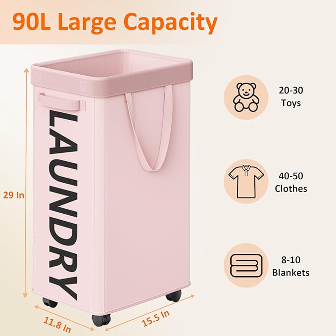 Pink Laundry Basket with Wheels, Dorm Room Essentials for Girls, 90L Rolling Laundry Hamper with Wheels and Removable Mesh Bag for Clothes, Bedroom, Bathroom, College