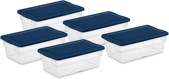 Sterilite Stackable 6 Quart Clear Home Storage Box with Handles and Blue Lid for Efficient, Space Saving Household Storage and Organization (30 Pack)