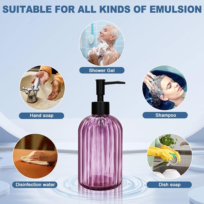 Pack of 2 Glass Soap Dispenser with Black Pump, 400 ml Refillable Pump Dispenser for Kitchen, Bathroom, Laundry Room, Liquid Glass Bottle for Washing Up Liquid, Shampoo, Conditioner (Purple)