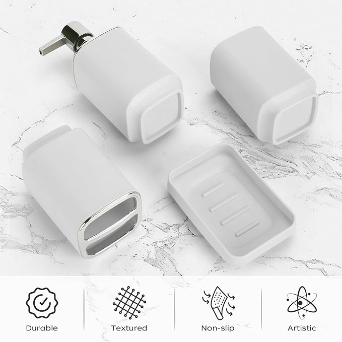 4Pack Bathroom Accessories Set, Bohemian Bathroom Sink Set, Contain Soap Dispenser, Toothbrush Holder, Soap Dish & Mouthwash Cup,Square soap and Toothbrush Holder Set