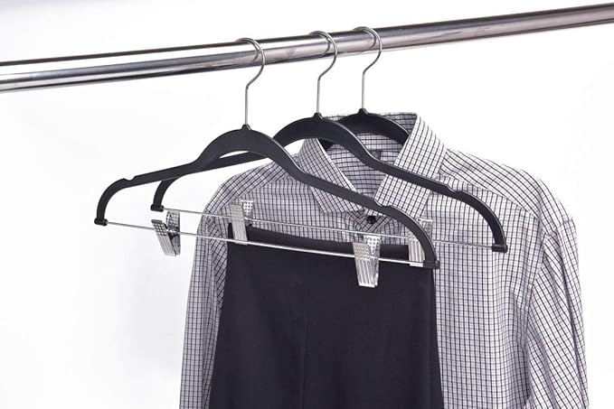 80 Pack Black Quality Plastic Non Velvet Non-Flocked Thin Compact Coat Hangers with Metal Clips for Skirts Pants Blouses 360° Swivel Hook
