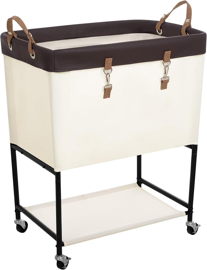 StorageWorks Laundry Cart, 2 Tier Rolling Laundry Basket, Heavy Duty Laundry Basket with Lockable Wheels, Laundry Room Organization and Storage, Clothes Hamper for Bedroom, Dorm, Closet, 29Gal, Beige