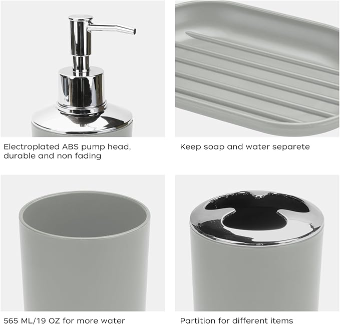 4 Pcs Grey Bathroom Accessories Set,Bohemian Bathroom Toothbrush Holder Set.Include Soap Dispenser, Soap Dish, Toothbrush Holder, Mouthwash Cup, Modern Bahtroom Decor Set
