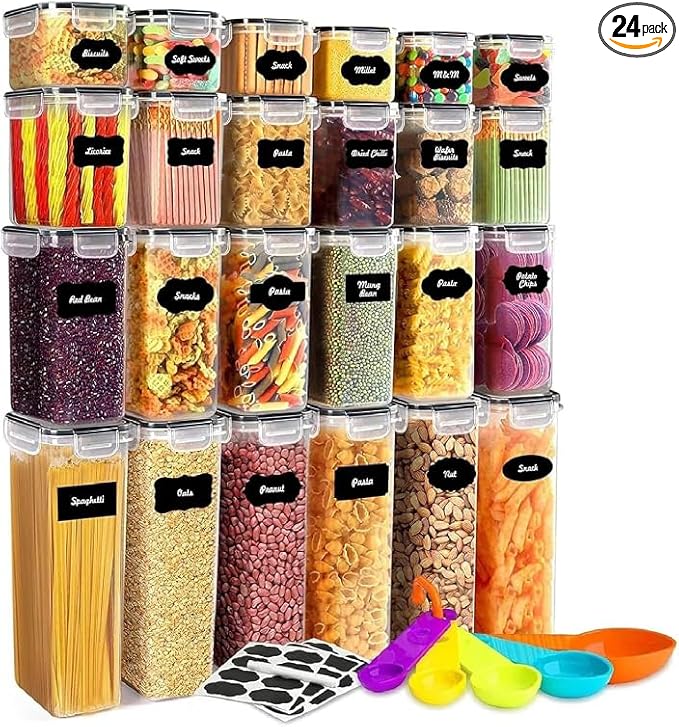 stusgo 24 Pack Airtight Food Storage Containers with Lids, Plastic Kitchen and Organization Canisters for Cereal, Flour and Sugar, BPA Free, Includes Spoons, Labels and a Pen
