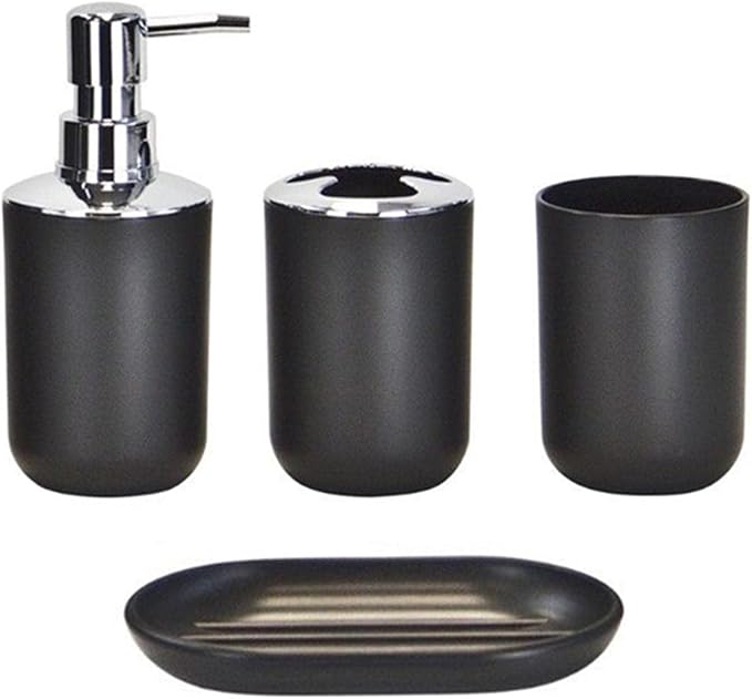 4pcs Bathroom Accessories Set, Toothbrush Holder Tooth Mug Soap Dish Liquid Bottle Bathroom Set Shower Countertop Vanity Organizer(Black)