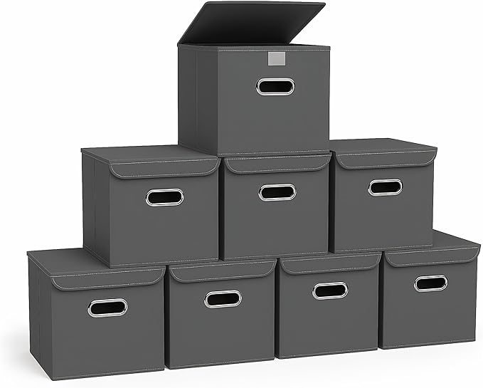 Closet Organizers Fabric Storage Bins With Lids Collapsible Cube Storage Organizer Basket With Handles,Storage Boxes for Clothes Storage,Office,Laundry,Shelves,8 Pack,（Grey）