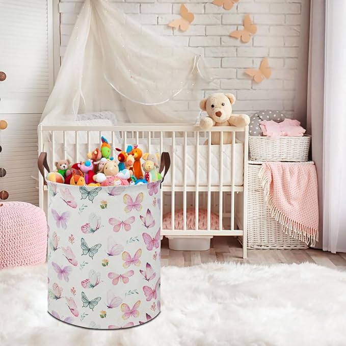 19.7" Butterfly Laundry Basket,Kids Dirty Clothes Hamper,Waterproof Toys Storage Bin,Room Decor,Gift Baskets,Baby Nursery Hamper(Pink Butterfly)