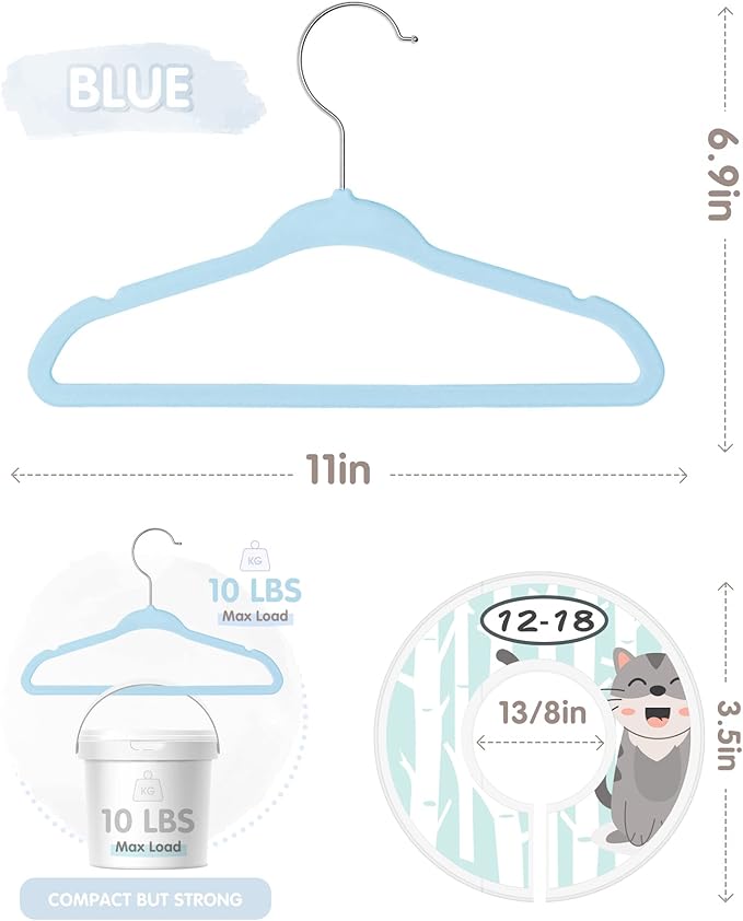 VIS'V Baby Hangers, 11 Inch Velvet Kids Hangers with 6 Pcs Clothes Size Dividers, Infant Toddler Nursery Closet Organization, Non Slip, Blue, 30 Pcs