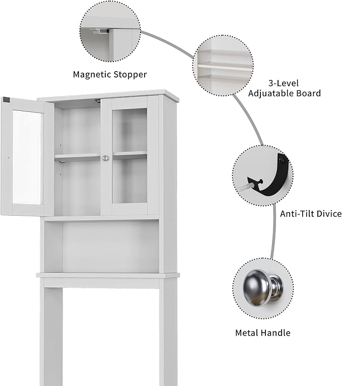 Shintenchi Over The Toilet Storage Cabinet, Bathroom Shelf Organizer with Anti-Tip Device Small Freestanding Space Saver with Adjustable Shelf and Glass Door, White