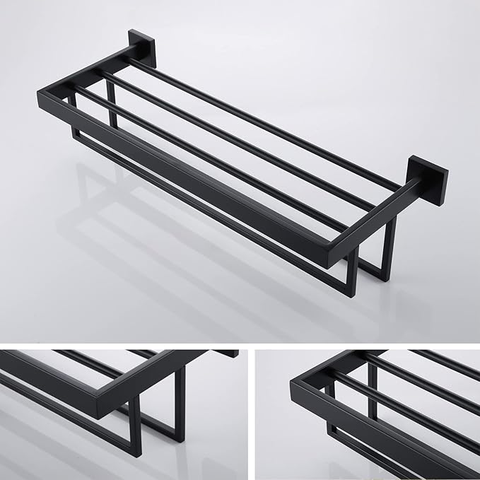 KOKOSIRI Black Towel Rack 20'' Bathroom Towel Shelf with Double Towel Bars SUS304 Matte Black Stainless Steel Wall Mounted, B6003BK-L20