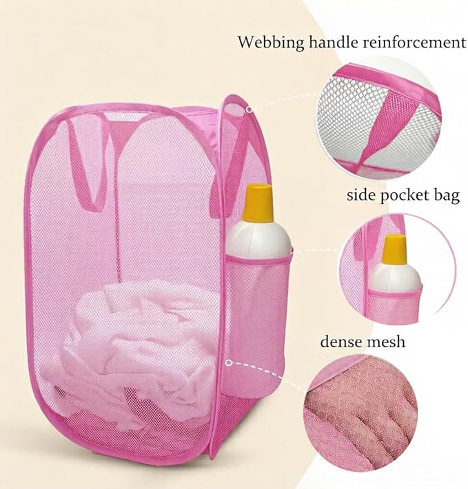 The upgraded pop-up laundry basket features a breathable side pocket mesh design, making it ideal for rooms, apartments, dormitories, travel, business trips, and children's storage (1,pink)