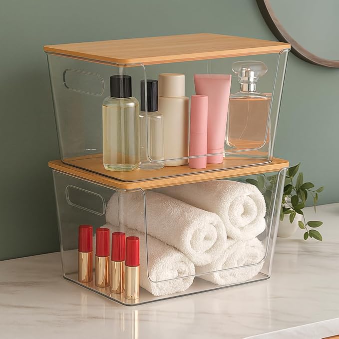 Trash Bag Holder with Bamboo Lid - Stackable Under Sink Organizer & Garbage Bag Dispenser for Kitchen Organization - Large Plastic Holder for Laundry Room, Pantry, Bathroom, Cabinets, 1 Pack