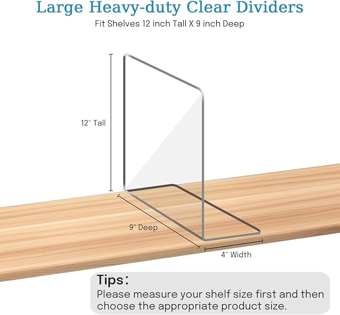 OKPOW Shelf Dividers Closet Organizer - 12" Tall X 9" Deep Acrylic Clear Sturdy Separate for Clothes Purse - Adjustable Space Saver Easy Install for Home Organization Enthusiasts 8 Pack