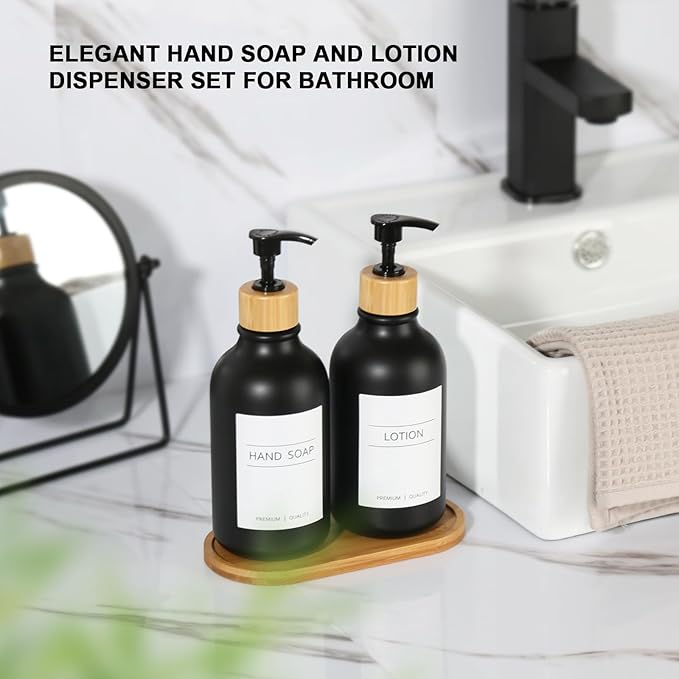Hand and Dish Soap Dispenser Set, Plastic Kitchen Soap Dispenser Set with Bamboo Tray, 17 Fl Oz Black Soap and Lotion Dispensers Sets with 4 Pack Labels for Kitchen & Bathroom Countertop