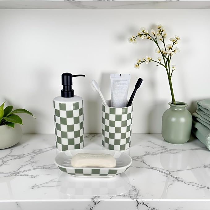 Bathroom Toothbrush Holder Set, Ceramic Soap Dispenser and Tooth Brush Holder and Soap Dish Set, Bathroom Accessories Sets Countertop, Sage Green Checkered Bathroom Decor Set