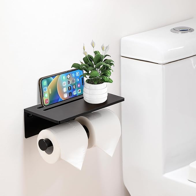 Toilet Paper Holder - Aluminium Double Roll Toilet Tissue Holder with Mobile Phone Shelf for Bathroom, 3M Self Adhesive No Drilling or Wall-Mounted with Screws, Rustproof Modern Style Black