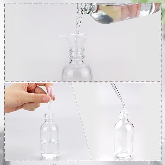 Wedama 2 oz Mini Glass Spray Bottles, Empty Small Spray Bottles with Funnel Dropper, Fine Mist for Hair, Travel, Plants, Cleaning Solutions and Skin Care (4 Pack Clear)