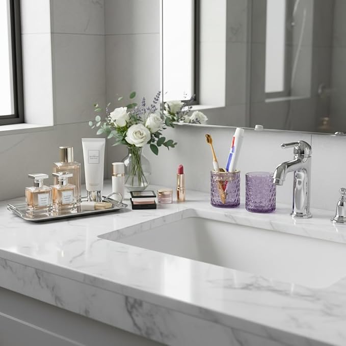 2pcs Purple Toothbrush Holders for Bathrooms, Glass Toothbrush Holder and Bathroom Tumbler Set, Gold Tooth Brush Cup Holder, Bathroom Counter Organizer for Brushes, Toothpaste