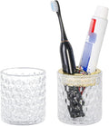 2pcs Clear Glass Toothbrush Holder, Bathroom Tumbler Cups and Toothpaste Holder Set, Tooth Brush Cup Organizer with Gold Divider, Bathroom Toothbrush Cup for Countertop Decor