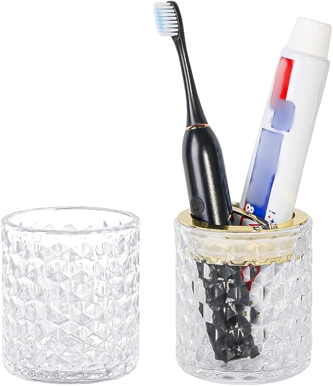 2pcs Clear Glass Toothbrush Holder, Bathroom Tumbler Cups and Toothpaste Holder Set, Tooth Brush Cup Organizer with Gold Divider, Bathroom Toothbrush Cup for Countertop Decor