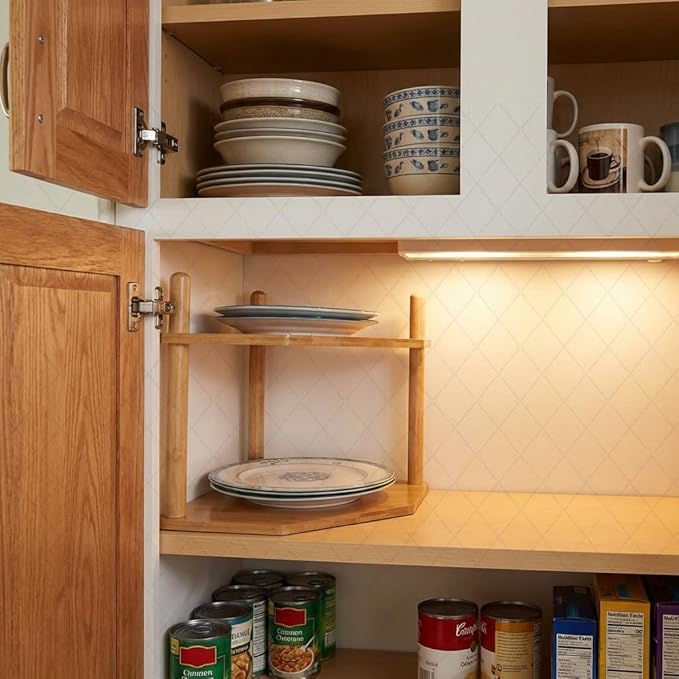 2-Tier Expandable Bamboo Corner Shelf - Dish/Plate Organizer for Cabinet, Kitchen Counter Shelf & Small Kitchen Shelf, Adjustable (1, 6.7" H)