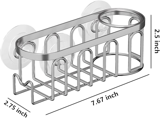 Sink Caddy Sponge Holder for Kitchen Sink 2 Suspension Options(Suction Cups and Adhesive Hook), SUS304 Stainless Steel, Silver
