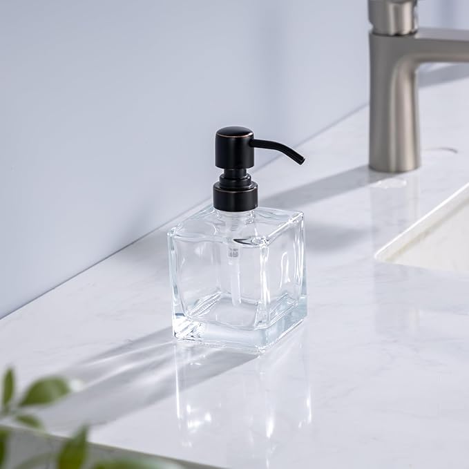Square Bathroom Soap Dispenser Oil Rubbed Bronze, Glass Bottles with Stainless Steel Pump Retangle Cube Liquid Soap Dispenser Hand Kitchen with Waterproof Lables